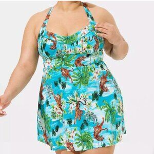 Torrid NWT Retro Wireless Long Ruched Swim Dress 3X Tiger Tropic Print Colorful